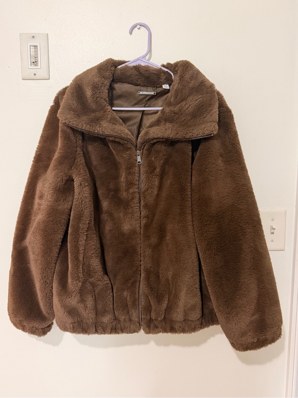Magaschoni Brown Plush Zip-Up Teddy Jacket